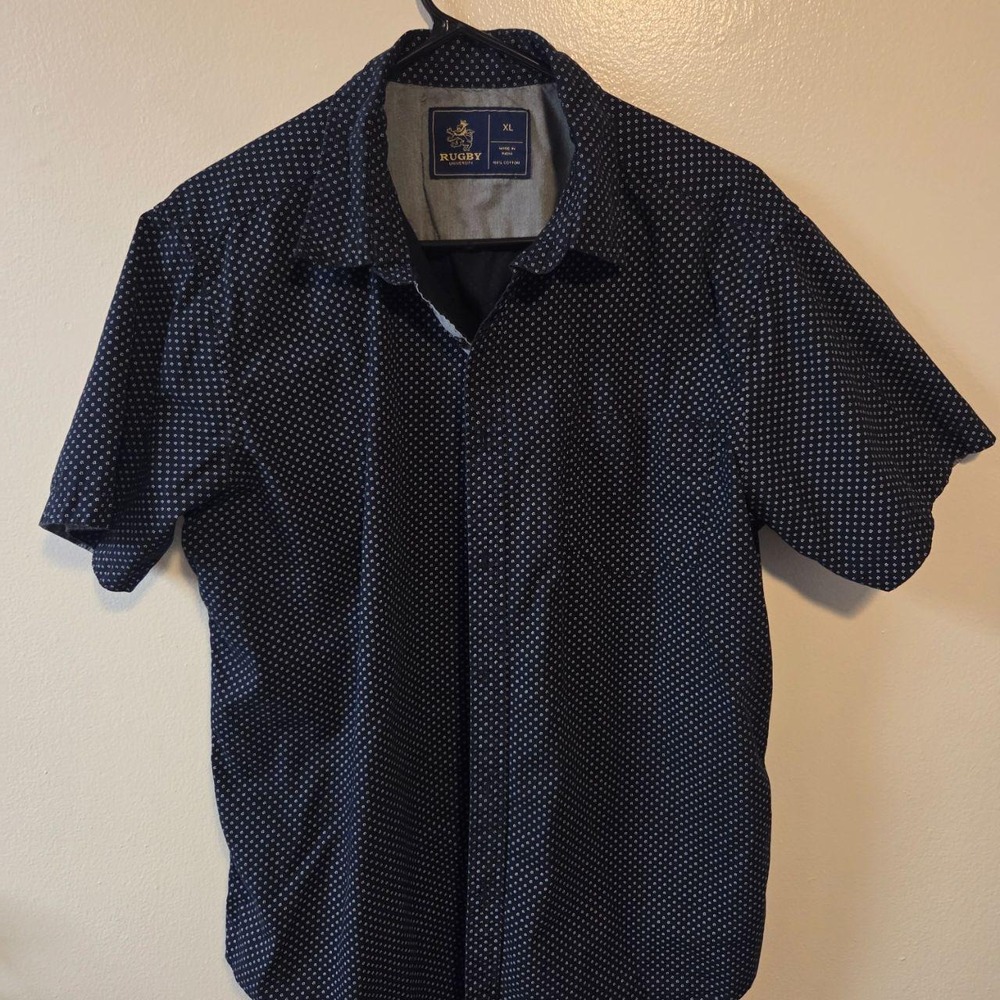 Rugby University Mens XL Navy Blue Micro Print Cotton Short Sleeve Button Down